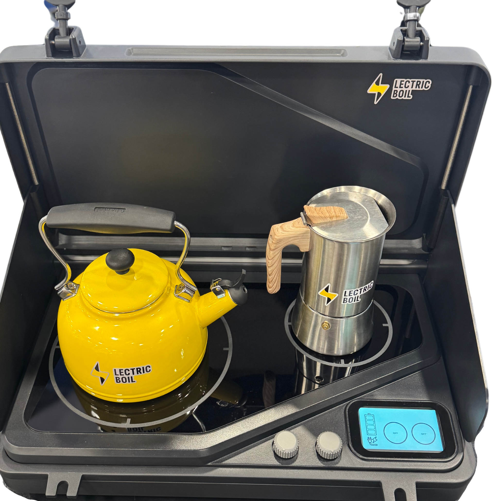 The first portable induction stove and generator with a removable battery and dual burners for campers, outdoor workers, victims of natural disasters — and anyone, anywhere, cooking or surviving off-grid. Pictured here with the lid open with a kettle and also a coffee maker on with the dual burner system is shown in the portable Overlander model. Wind guards are currently pictured also.
