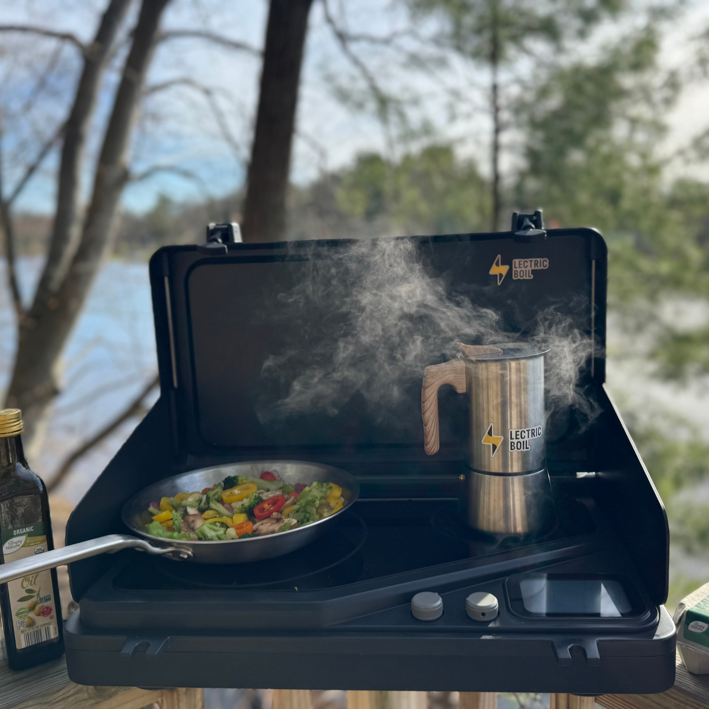 Here is the Overlander cooking eggs and coffee at the same time. The Lectric Boil patent pending prototype with removable battery generator to recharge your essentials off-grid and removable cutting board. Made in the USA with induction technology. For camping, sustainable camping, glamping,overlanding, off grid living.