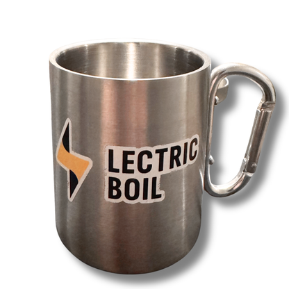 Product image of metal camping mug with a carabiner handle and a Lectric Boil sticker. The first portable induction stove and generator with a battery and dual burners for campers, outdoor workers, natural disasters — and anyone, anywhere, cooking or surviving off-grid.
#productimage