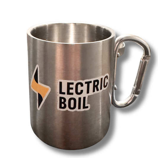 Product image of metal camping mug with a carabiner handle and a Lectric Boil sticker. The first portable induction stove and generator with a battery and dual burners for campers, outdoor workers, natural disasters — and anyone, anywhere, cooking or surviving off-grid.
#productimage