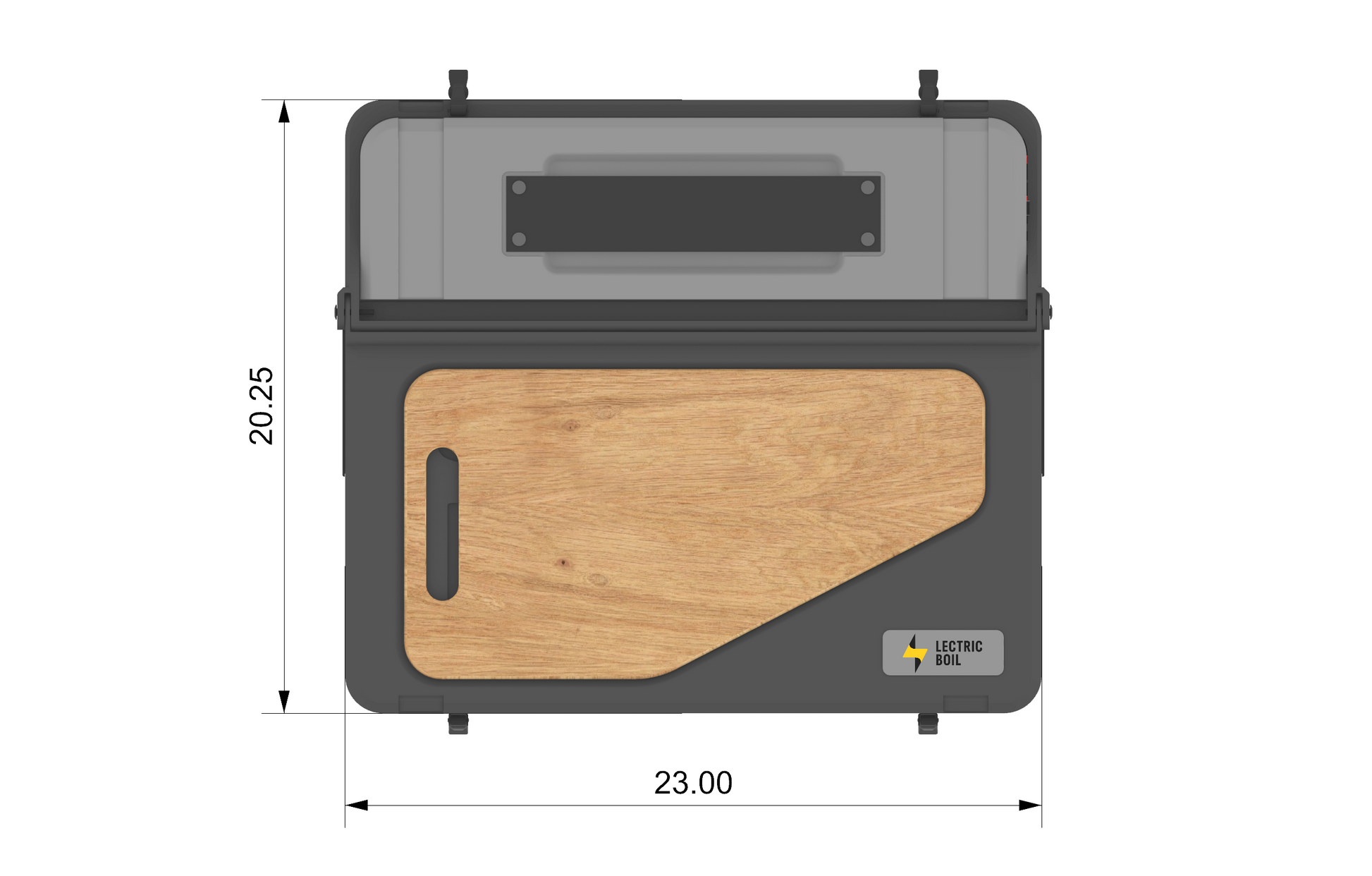 The Lectric Boil patent pending prototype with removable battery generator to recharge your essentials off-grid and removable cutting board.  Made in the USA with induction technology